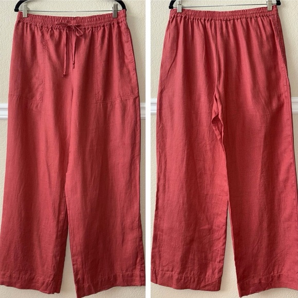 Magaschoni 100% Linen Wide Leg Pull On Pants Elastic Waist Coral Size Large - Picture 1 of 10